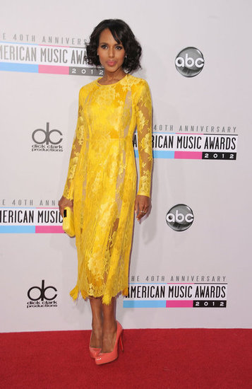 Kerry Washington wore a yellow lace dress to the American Music Awards. Kerry Washington wore a yellow lace dress to the American Music Awards.