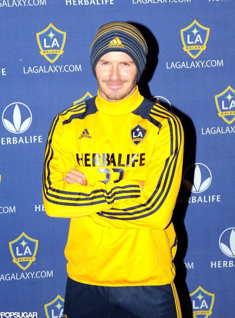 David Beckham posed for photos in an LA Galaxy shirt. David Beckham posed for photos in an LA Galaxy shirt.