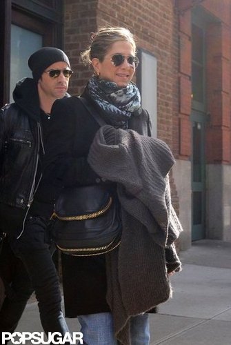 Jennifer Aniston and Justin Theroux left their NYC hotel together in March.
Jennifer Aniston and Justin Theroux left their NYC hotel together in March.