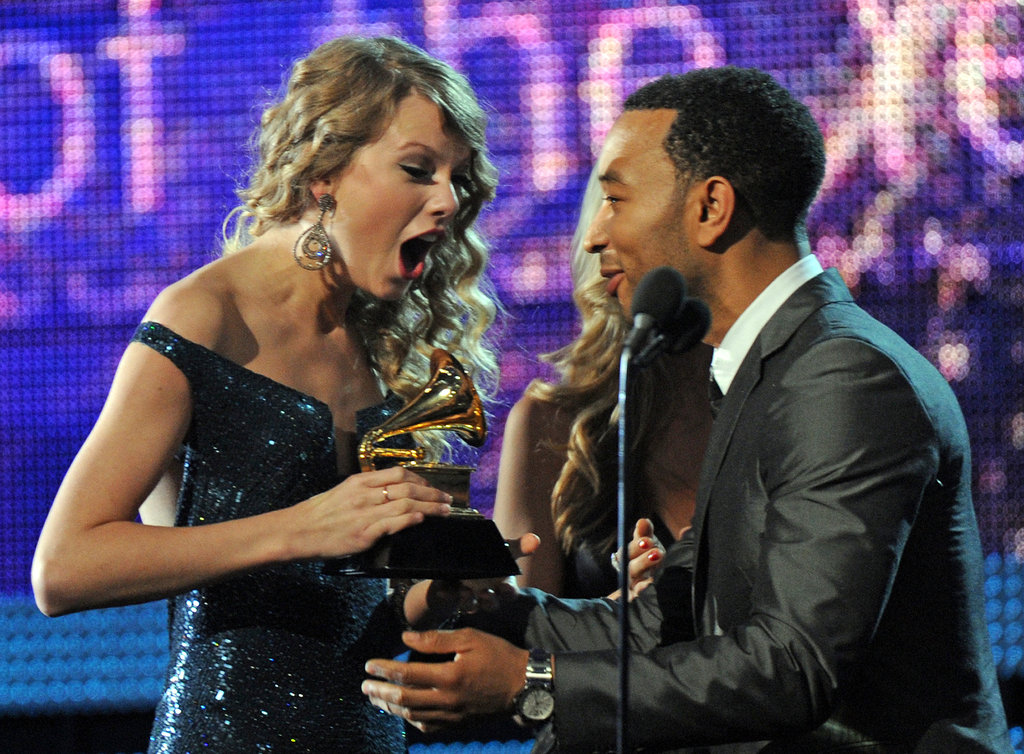 Taylor Swift was thrilled to be presented with the album of the year award by John Legend at the Grammys in January 2010.
Taylor Swift was thrilled to be presented with the album of the year award by John Legend at the Grammys in January 2010.