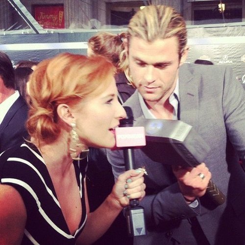 Chris Hemsworth showed off Thor's hammer when he stopped to talk with us at the premiere of The Avengers.
Chris Hemsworth showed off Thor's hammer when he stopped to talk with us at the premiere of The Avengers.