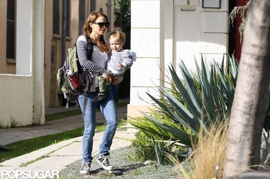 Natalie Portman carried a backpack and her son.
Natalie Portman carried a backpack and her son.