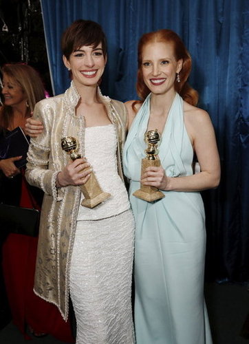 Anne Hathaway and Jessica Chastain showed off their statues at NBC's post-Golden Globes bash.
Anne Hathaway and Jessica Chastain showed off their statues at NBC's post-Golden Globes bash.