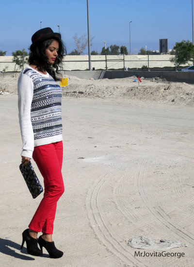 sequins, red jeans, hat, booties