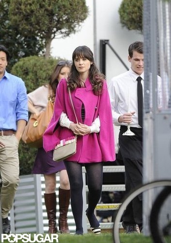 Zooey Deschanel Gets Sporty in Stripes on the Set of New Girl Zooey Deschanel Gets Sporty in Stripes on the Set of New Girl