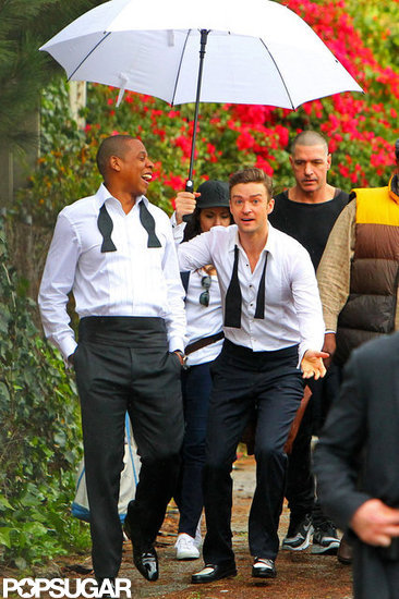 Jay-Z and Justin Timberlake suited up to film "Suit & Tie" in LA. Jay-Z and Justin Timberlake suited up to film "Suit & Tie" in LA.
