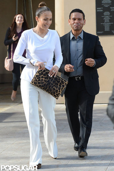Jennifer Lopez wore an all-white ensemble for a working lunch with manager Benny Medina. Jennifer Lopez wore an all-white ensemble for a working lunch with manager Benny Medina.