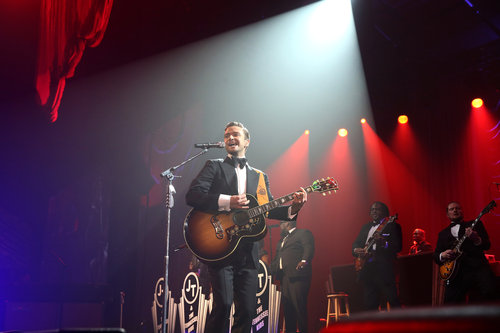 Justin Timberlake strummed a guitar during his Saturday night Super Bowl 2013 performance in New Orleans.
Justin Timberlake strummed a guitar during his Saturday night Super Bowl 2013 performance in New Orleans.