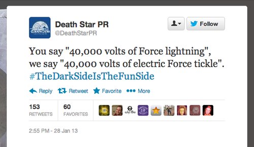 You can practically hear Senator Palpatine cackling behind this tweet from the unofficial Death Star PR team.
You can practically hear Senator Palpatine cackling behind this tweet from the unofficial Death Star PR team.