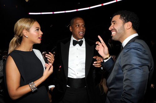 Beyoncé and Jay-Z chatted with a very smiley Drake backstage at the Grammys on Sunday night.
Beyoncé and Jay-Z chatted with a very smiley Drake backstage at the Grammys on Sunday night.