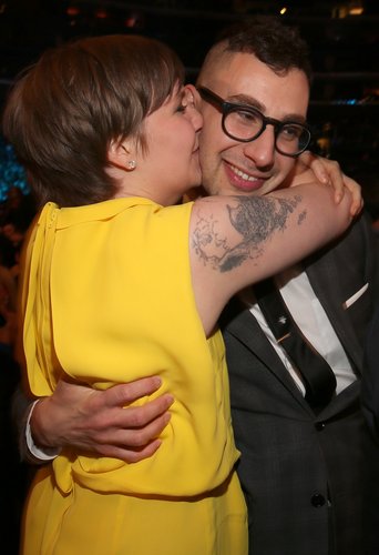 Lena Dunham kissed boyfriend Jack Antonoff of fun. backstage at the Grammys on Sunday night.
Lena Dunham kissed boyfriend Jack Antonoff of fun. backstage at the Grammys on Sunday night.