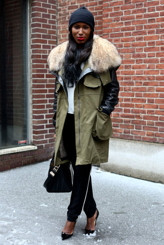 A sporty anorak got a glam counter with these pointed-toe pumps.
A sporty anorak got a glam counter with these pointed-toe pumps.