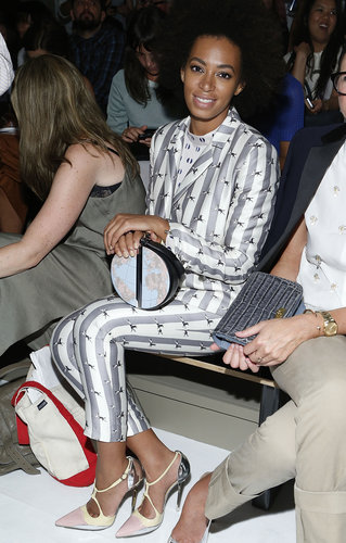 While sitting front row at the Suno show in NYC, Solange worked a classic gray-and-white pinstriped suit, but upon closer inspection, we also spotted little two-toned horses. Her sophisticated clutch doubled as a map, and her polished pumps were reminiscent of a childhood favorite: Neapolitan ice cream.
While sitting front row at the Suno show in NYC, Solange worked a classic gray-and-white pinstriped suit, but upon closer inspection, we also spotted little two-toned horses. Her sophisticated clutch doubled as a map, and her polished pumps were reminiscent of a childhood favorite: Neapolitan ice cream.