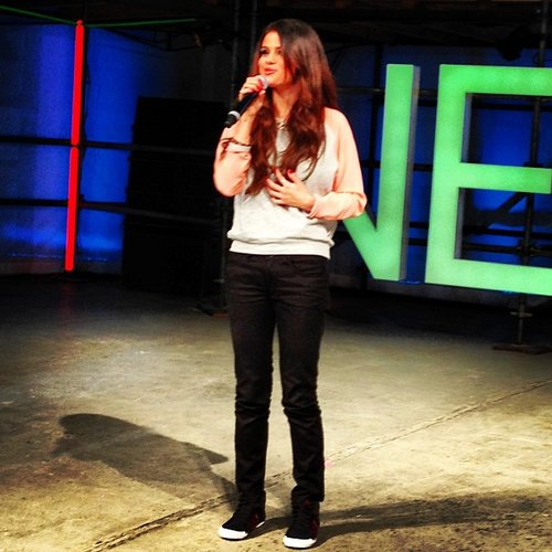 Selena Gomez welcomed the crowd at the Adidas NEO runway show.
Selena Gomez welcomed the crowd at the Adidas NEO runway show.