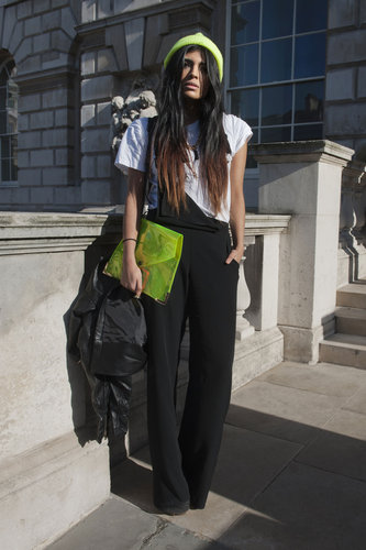 Neon accents livened up black overalls.
Neon accents livened up black overalls.