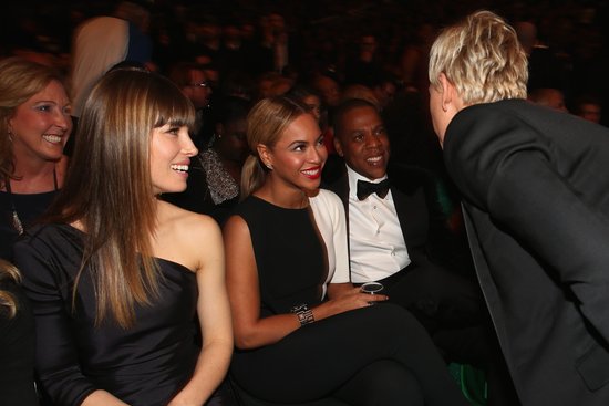 Ellen DeGeneres stopped to say hi to Beyoncé and Jay-Z while Jessica Biel looked on.
Ellen DeGeneres stopped to say hi to Beyoncé and Jay-Z while Jessica Biel looked on.
