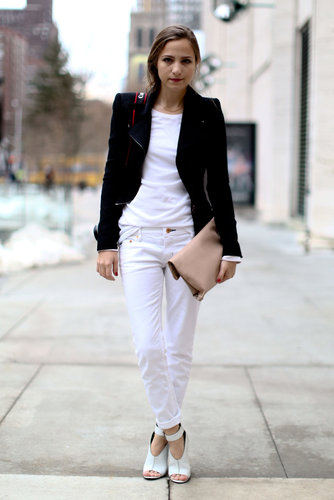 Crisp white denim, heels, and a tee got a classic finish with an understated blazer.
Crisp white denim, heels, and a tee got a classic finish with an understated blazer.