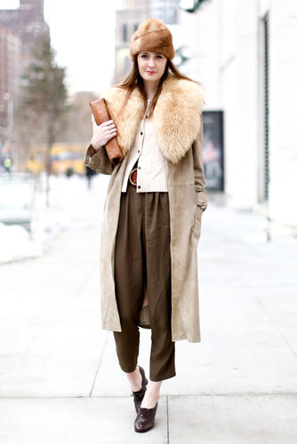 A fur collar and coordinating hat took this trousers and cardigan set to a much warmer — and chicer! — place.
A fur collar and coordinating hat took this trousers and cardigan set to a much warmer — and chicer! — place.