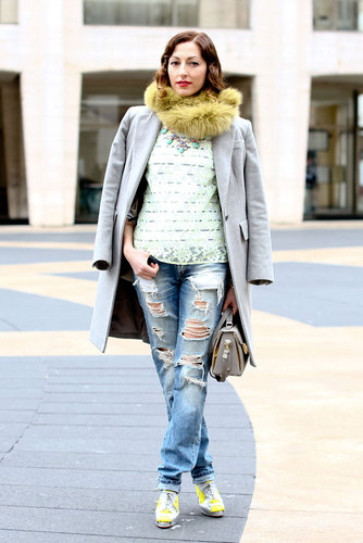 A fur snood and polished outerwear easily elevated distressed denim.
A fur snood and polished outerwear easily elevated distressed denim.