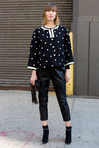 A ladylike, embellished jacket sweetened up leather trousers and ankle boots.
A ladylike, embellished jacket sweetened up leather trousers and ankle boots.