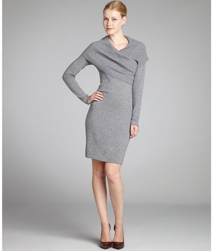 CeCe fog grey wool-cashmere shawl collar sweater dress
