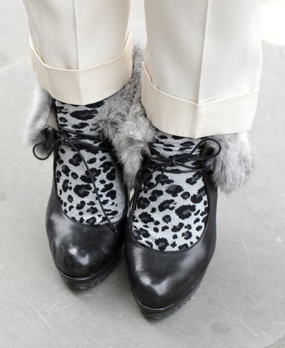 Spotted animal-print socks gave these fur-lined pumps an extracozy touch.
Spotted animal-print socks gave these fur-lined pumps an extracozy touch.