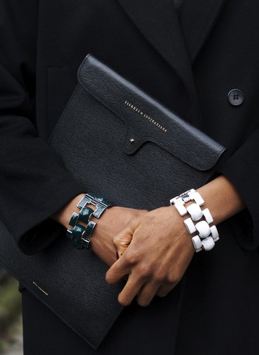Black-and-white chain-link bracelets popped against an all-black outfit.
Black-and-white chain-link bracelets popped against an all-black outfit.