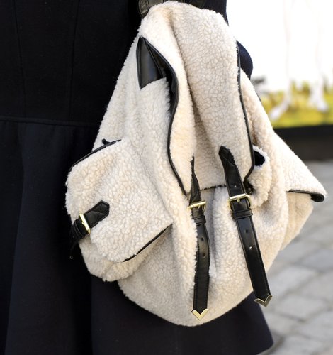 Shearling details gave this backpack a cozy, wintry touch.
Shearling details gave this backpack a cozy, wintry touch.