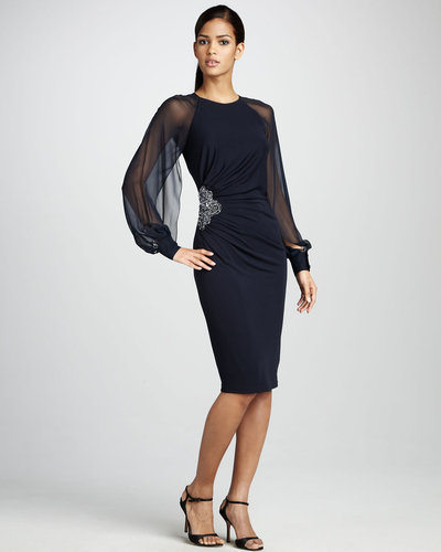 David Meister Sheer-Sleeve Cocktail Dress