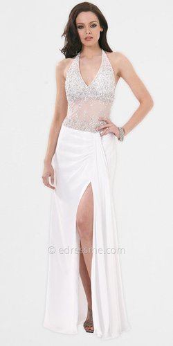 White Sheer Top Prom Dresses by Faviana
