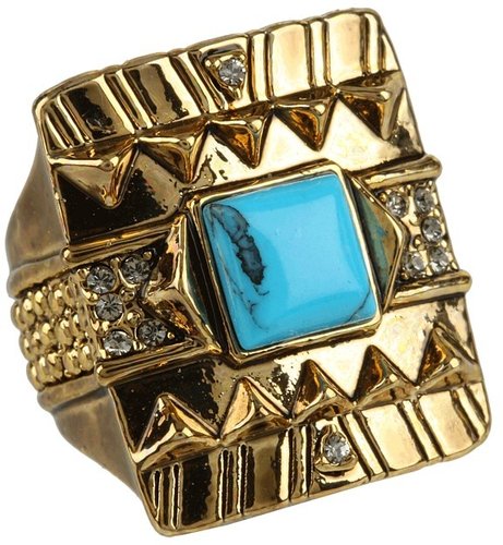 House of Harlow 1960 - Cushion Cocktail Ring with Turquoise Center Stone (14K Yellow Gold Plated) - Jewelry