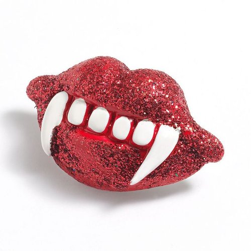 Silver tone glitter lips and fangs pin