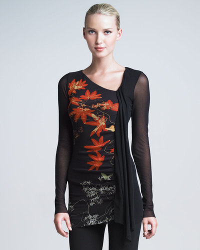 Fuzzi Sheer-Sleeve Leaf-Print Top