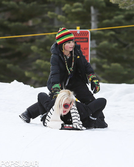 Gwen Stefani's son Kingston got on her back to sled down a hill in the snow.
Gwen Stefani's son Kingston got on her back to sled down a hill in the snow.