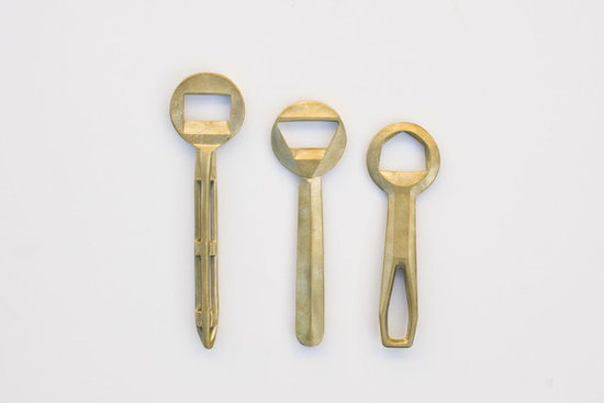 Cast in brass from hand-carved molds, each of these bottle openers ($70 each) has a rough, one-of-a-kind feel.
Cast in brass from hand-carved molds, each of these bottle openers ($70 each) has a rough, one-of-a-kind feel.