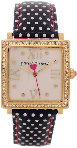 Betsey Johnson Watch, Women's Black and White Polka Dot Leather Strap 25mm BJ00041-05