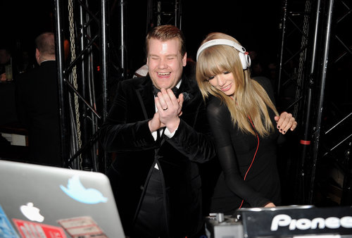 Taylor Swift took over the DJ booth with James Corden during a Brit Awards afterparty.
Taylor Swift took over the DJ booth with James Corden during a Brit Awards afterparty.