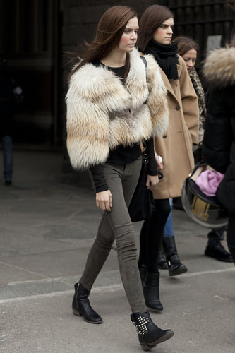 A furry jacket livened up skinnies and booties.
A furry jacket livened up skinnies and booties.