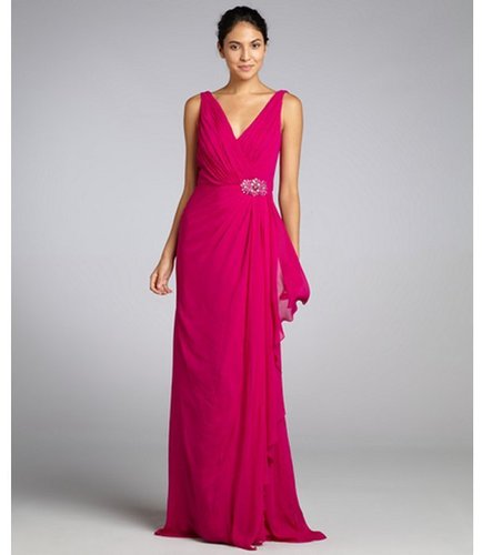 Badgley Mischka fuchsia silk chiffon v-neck embellished waist gown