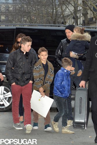 David Beckham and his brood prepared to travel the Eurostar in London in February.
David Beckham and his brood prepared to travel the Eurostar in London in February.