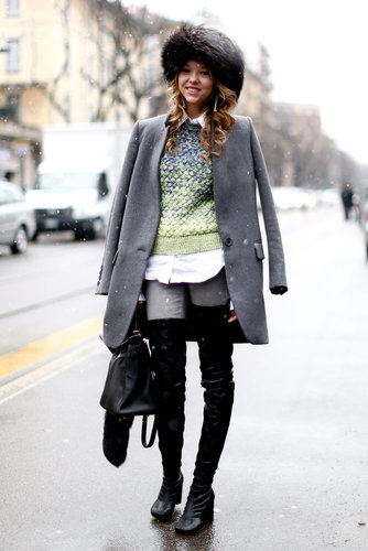 Thigh-high boots gave this menswear-inspired style a sexier side.
Thigh-high boots gave this menswear-inspired style a sexier side.