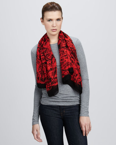 McQ Alexander McQueen Graffiti-Print Cotton-Silk Scarf, Blood Red