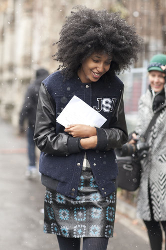 Julia Sarr-Jamois effortlessly mixed up a printed leather skirt and varsity jacket.
Julia Sarr-Jamois effortlessly mixed up a printed leather skirt and varsity jacket.