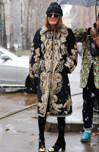 Anna Dello Russo dressed the part of fashion royalty in a gilded coat and gold-capped boots.
Anna Dello Russo dressed the part of fashion royalty in a gilded coat and gold-capped boots.