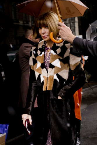 Anna Wintour donned a patchwork fur on her way into the shows.
Anna Wintour donned a patchwork fur on her way into the shows.