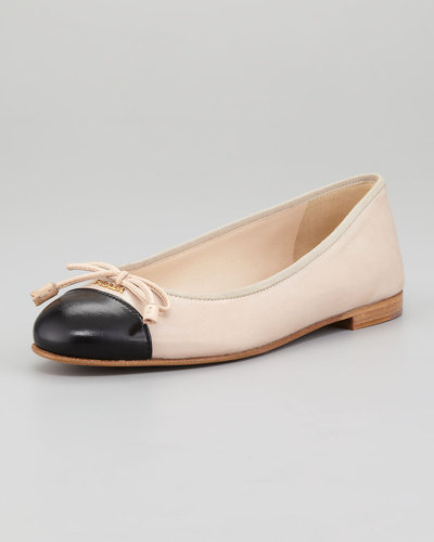 Prada Bicolor Leather Cap-Toe Ballerina Flat