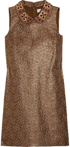 RED Valentino Bead-collared metallic brocade dress