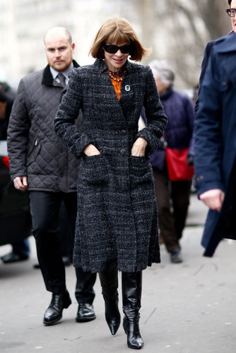 We'll never tire of Anna Wintour's brand of polish — spotted in a tweed coat, knee-high boots, and a printed sheath.
We'll never tire of Anna Wintour's brand of polish — spotted in a tweed coat, knee-high boots, and a printed sheath.
