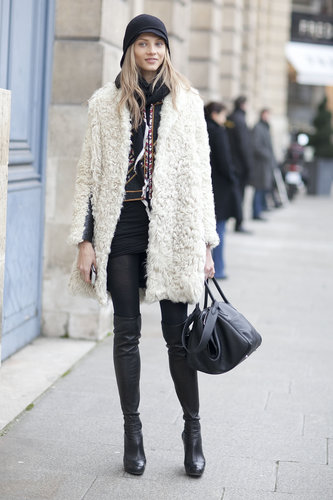 A furry coat played opposites against sexier over-the-knee boots.
A furry coat played opposites against sexier over-the-knee boots.