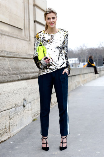 A high-shine top gave sporty bottoms a glam twist.
A high-shine top gave sporty bottoms a glam twist.